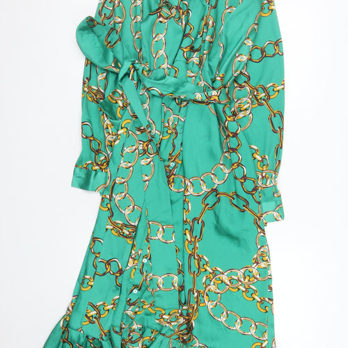 Dunnes Stores Women Green Size 16 Chain Print Belted Shirt Dress