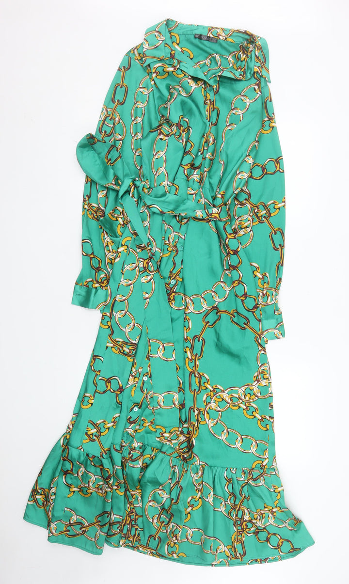 Dunnes Stores Women Green Size 16 Chain Print Belted Shirt Dress