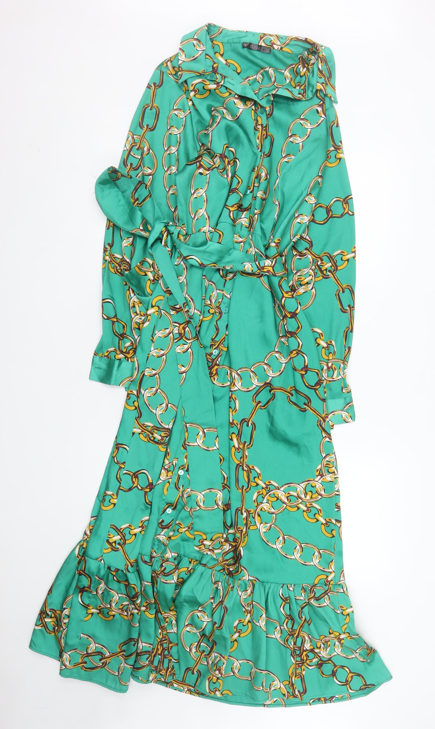 Dunnes Stores Women Green Size 16 Chain Print Belted Shirt Dress