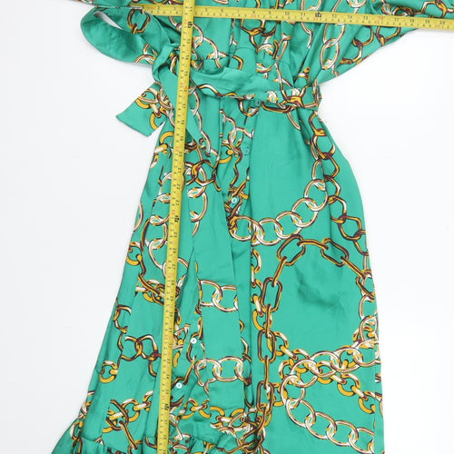 Dunnes Stores Women Green Size 16 Chain Print Belted Shirt Dress