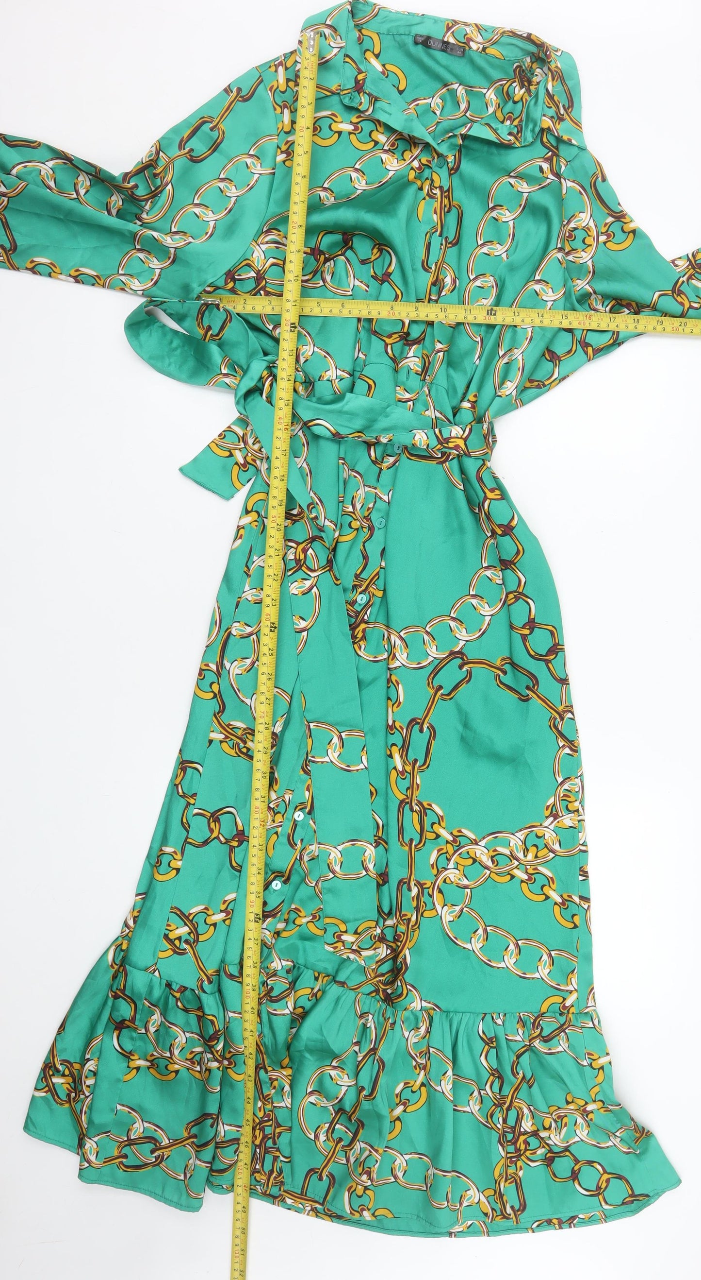 Dunnes Stores Women Green Size 16 Chain Print Belted Shirt Dress