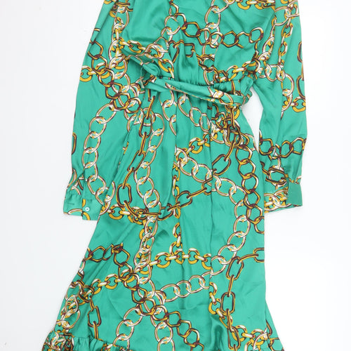 Dunnes Stores Women Green Size 16 Chain Print Belted Shirt Dress