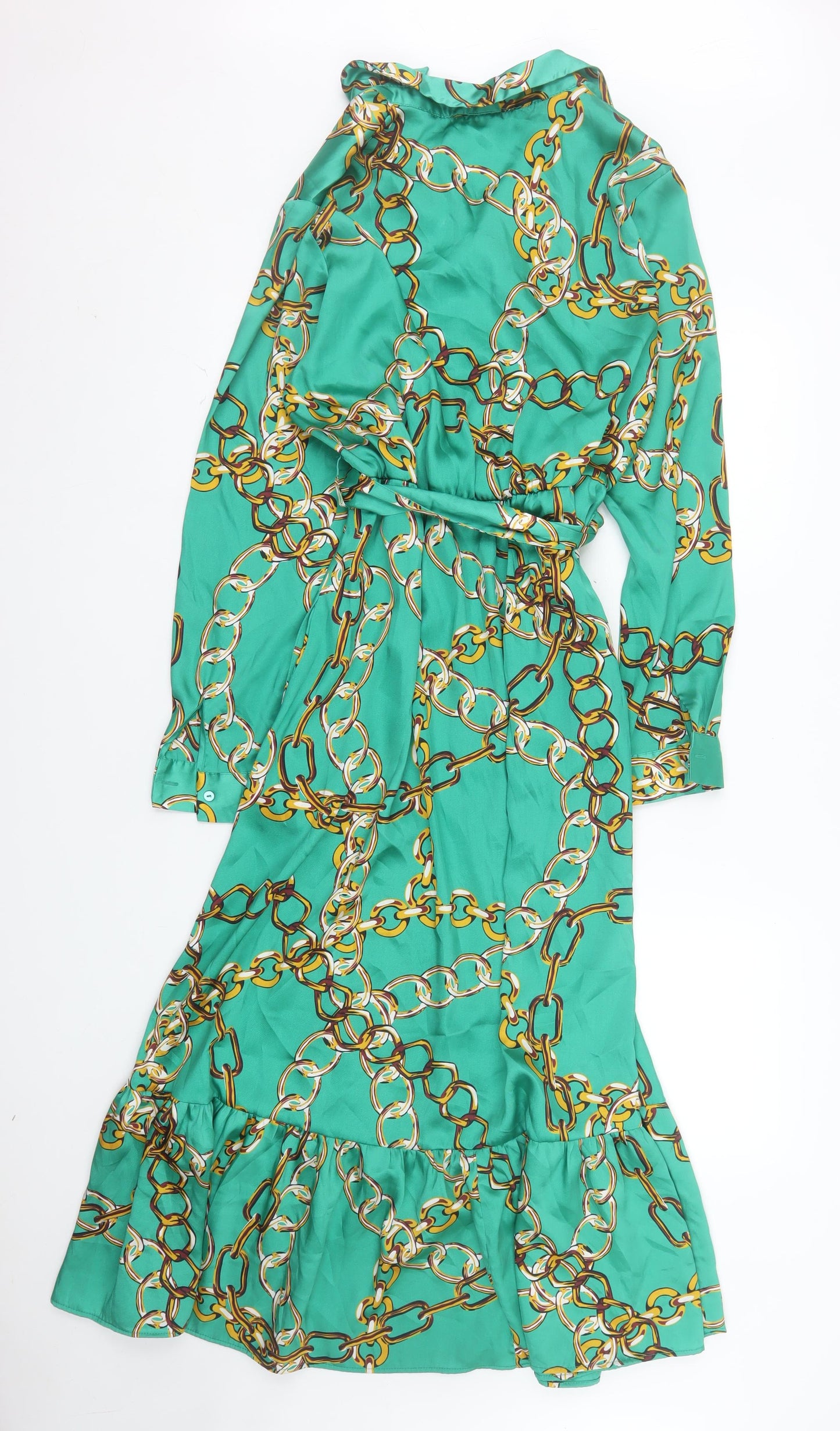 Dunnes Stores Women Green Size 16 Chain Print Belted Shirt Dress