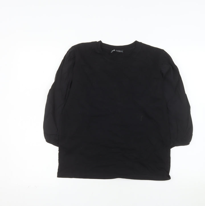 Zara Women Black Cotton Puff Sleeve Crew Neck Blouse Size S