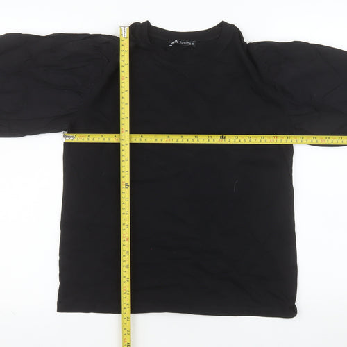 Zara Women Black Cotton Puff Sleeve Crew Neck Blouse Size S