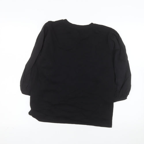 Zara Women Black Cotton Puff Sleeve Crew Neck Blouse Size S