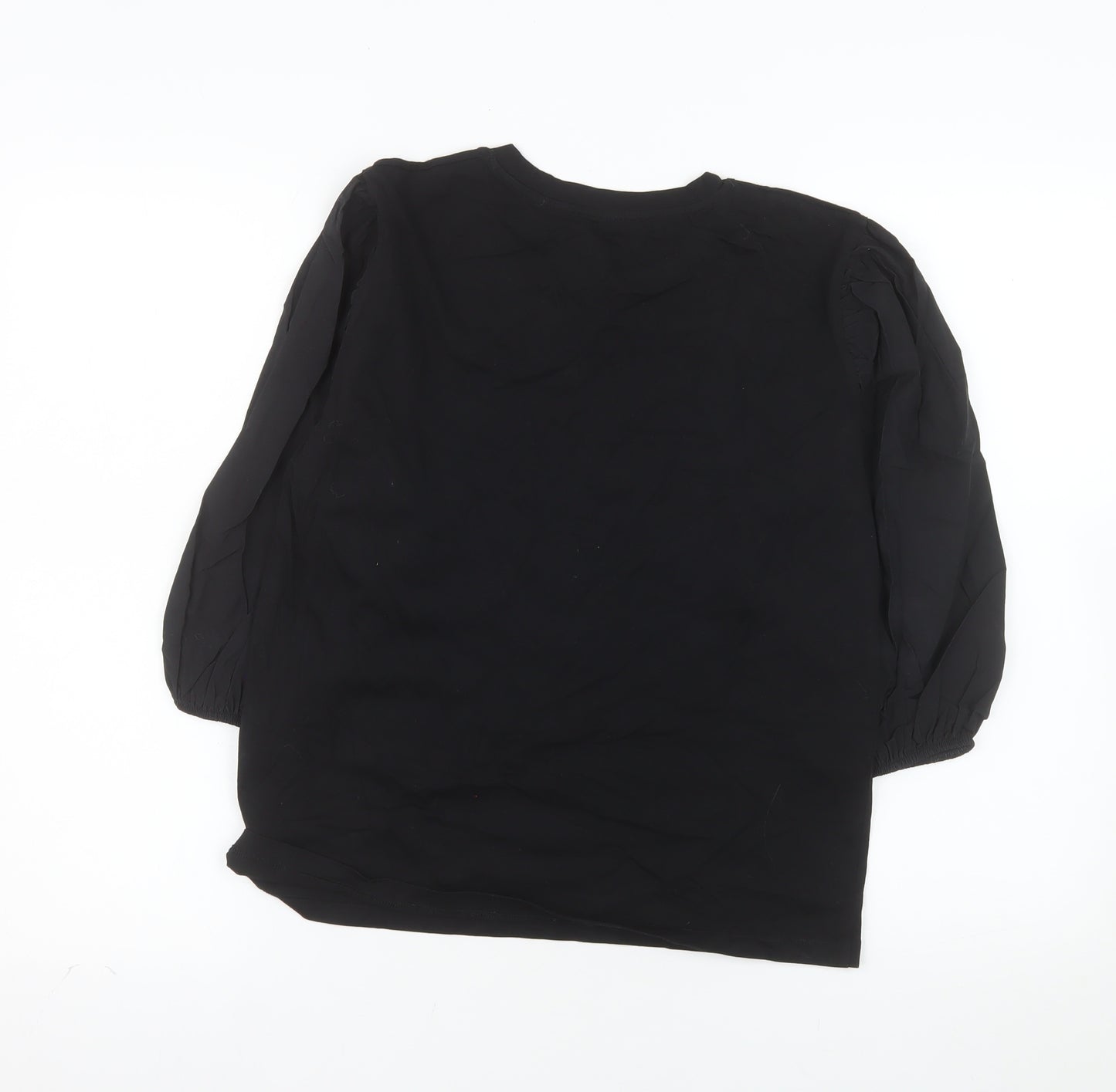 Zara Women Black Cotton Puff Sleeve Crew Neck Blouse Size S