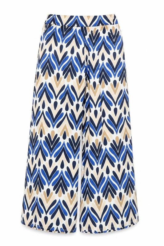 Front view of Virgo Boutique women’s blue geometric wide-leg trousers one, size UK 10-14