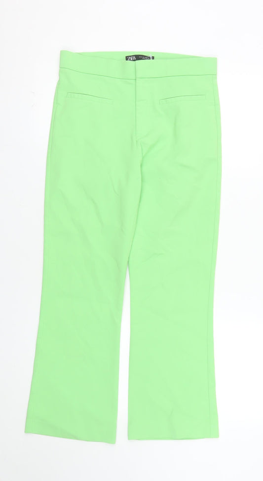 Zara Women Green Mid Rise Straight Trousers Size M Cotton Blend