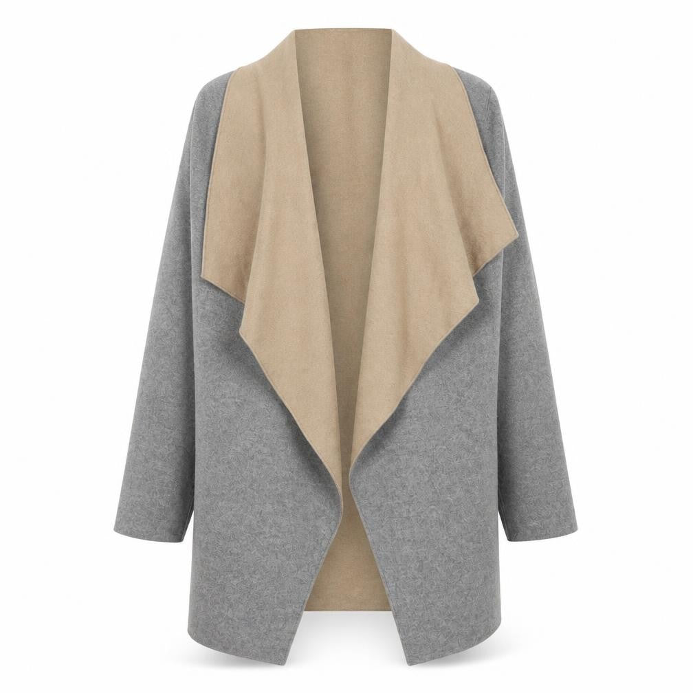 Front view of Dunnes women’s grey coatigan, size S, open front wool blend jacket