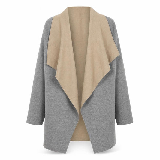 Front view of Dunnes women’s grey coatigan, size S, open front wool blend jacket