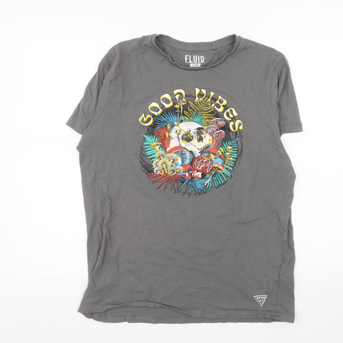 Fluid Mens Grey Good Vibes Skull Graphic Cotton T-Shirt XL