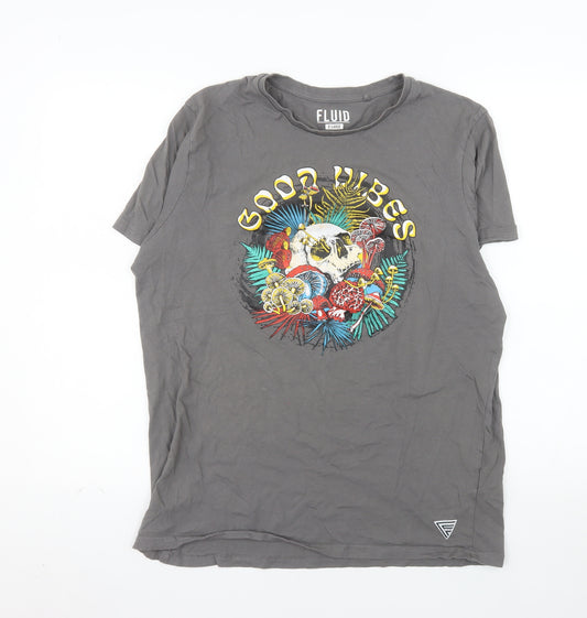 Fluid Mens Grey Good Vibes Skull Graphic Cotton T-Shirt XL