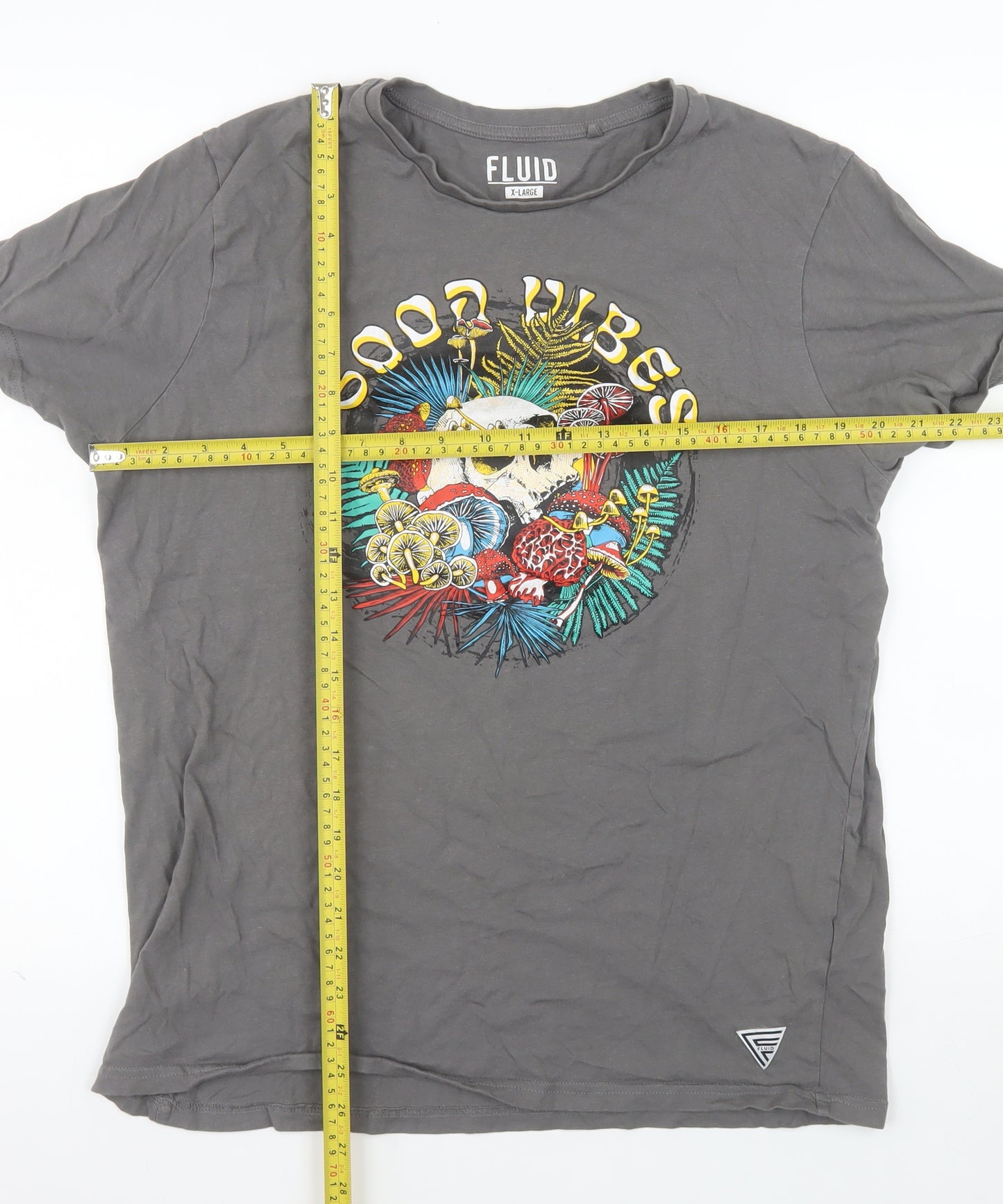 Fluid Mens Grey Good Vibes Skull Graphic Cotton T-Shirt XL