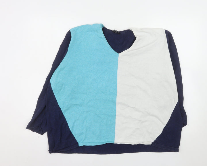 Marble Women's Blue Colour Block V-Neck Cotton Jumper Size 5XL
