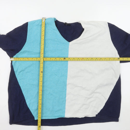 Marble Women's Blue Colour Block V-Neck Cotton Jumper Size 5XL