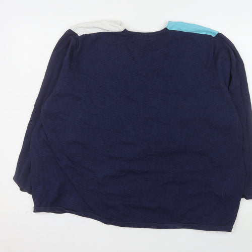 Marble Women's Blue Colour Block V-Neck Cotton Jumper Size 5XL