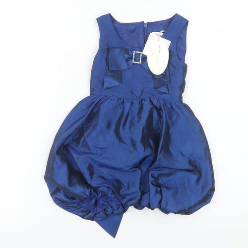 BHS Girls Navy Blue Taffeta Bubble Hem Bow Party Dress 2 Years