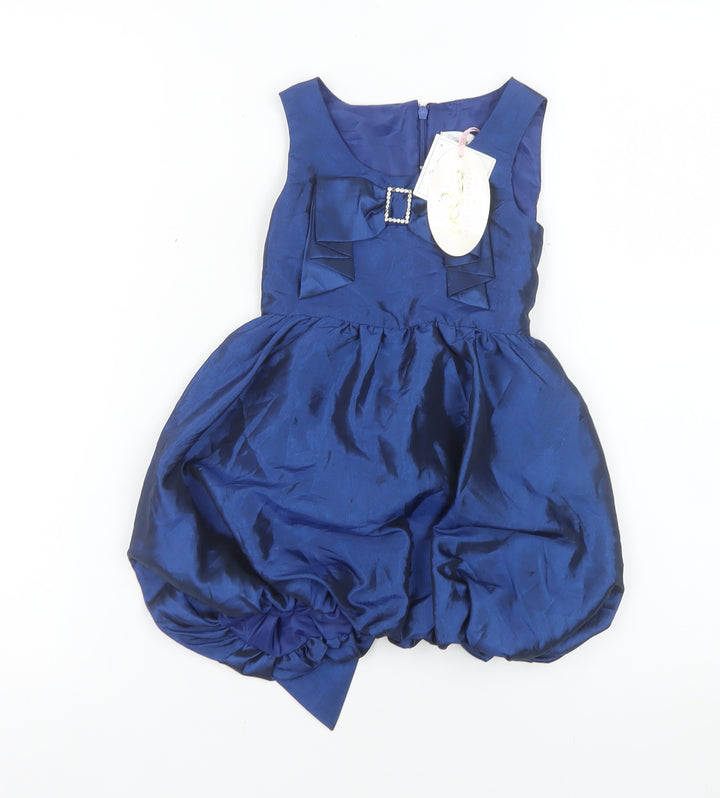 BHS Girls Navy Blue Taffeta Bubble Hem Bow Party Dress 2 Years