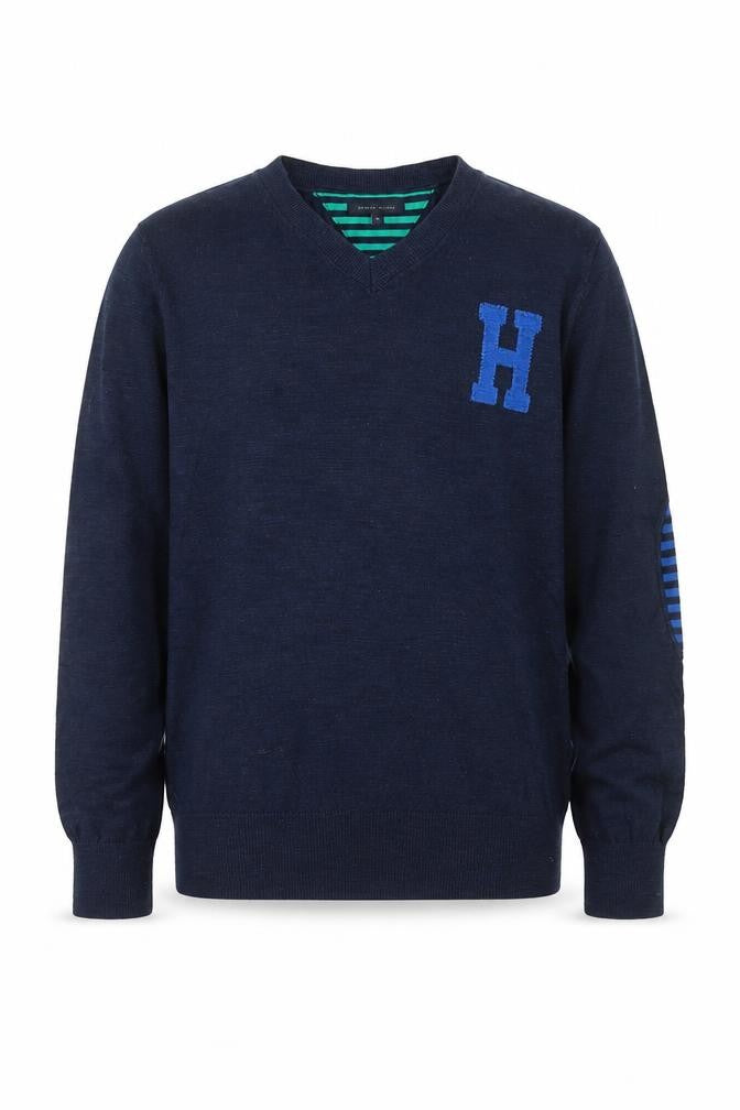 Front view of Tommy Hilfiger boys’ navy blue cotton v-neck jumper, size 152, (age 12)
