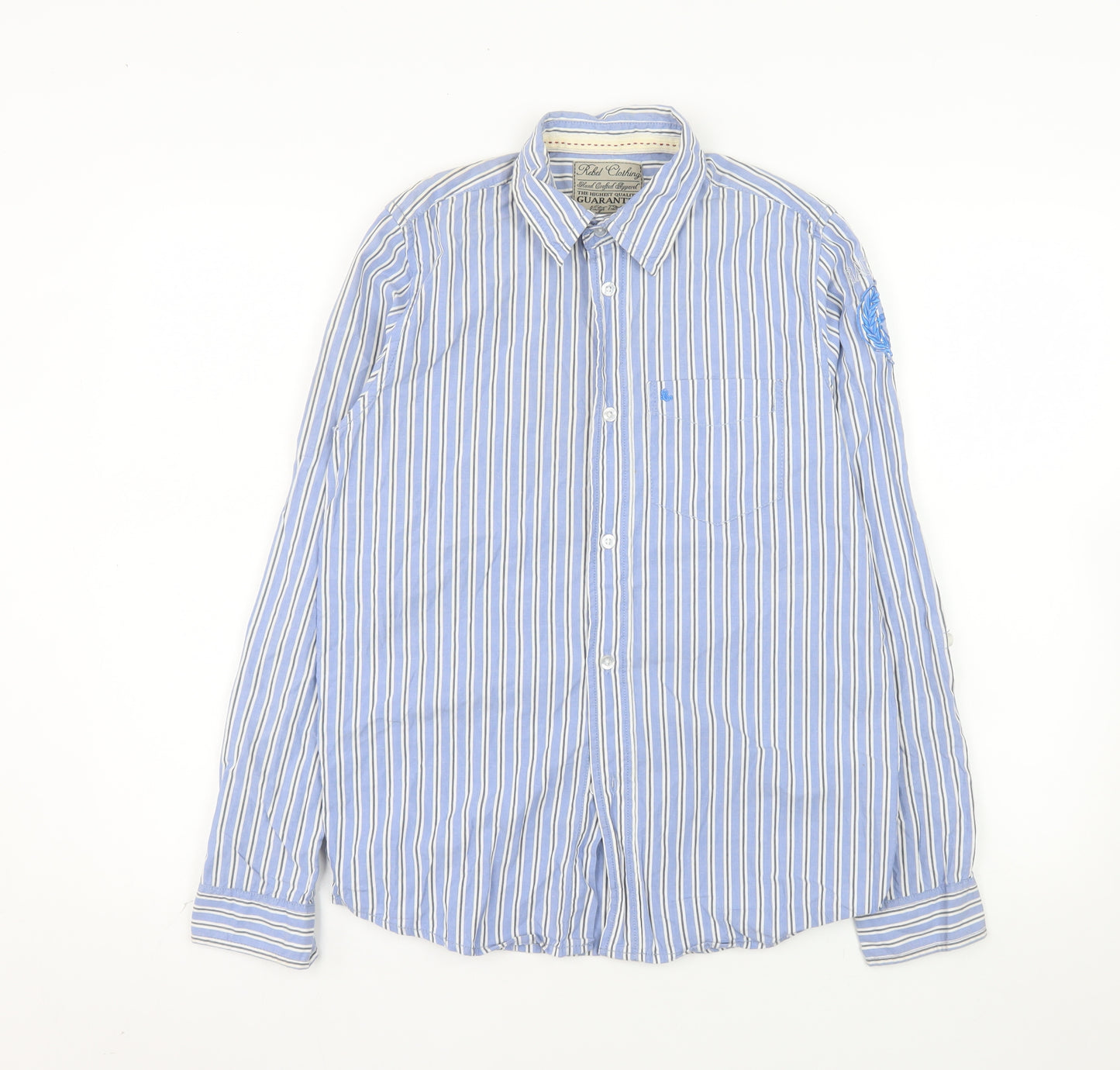 Rebel Clothing Men Blue Striped Cotton Button-Up Shirt L