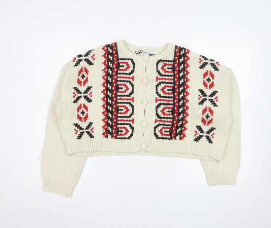 Zara Women Ivory Fair Isle Chunky-Knit Cardigan Size 12