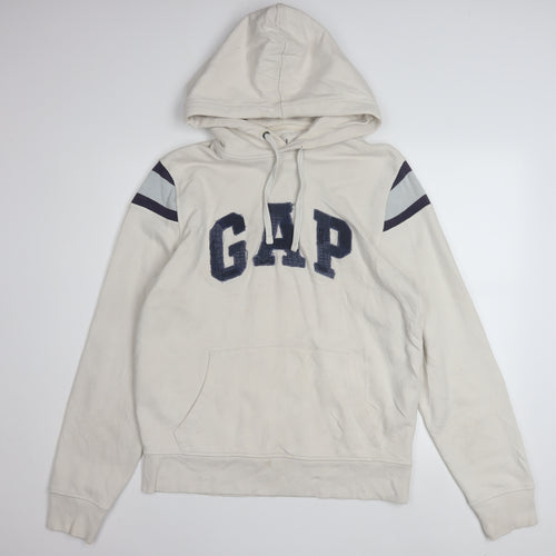 GAP Men Beige Pullover Hoodie M Logo Fleece Sweatshirt