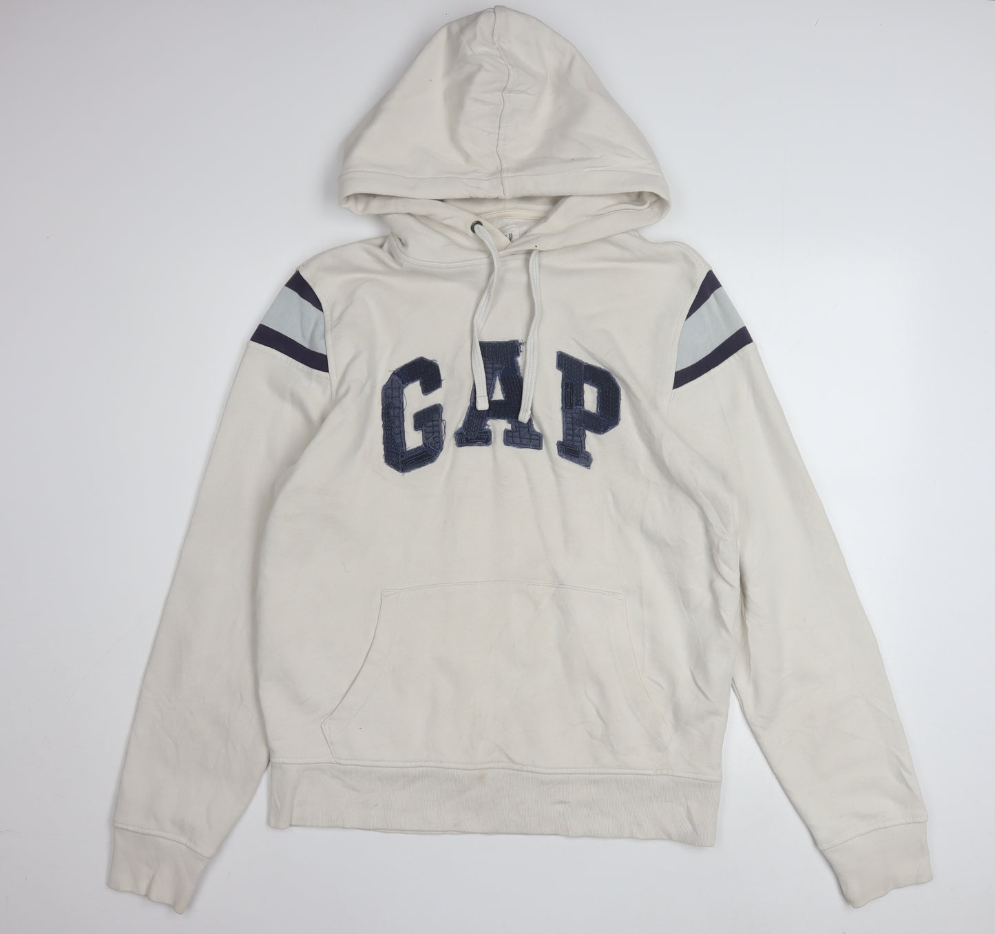GAP Men Beige Pullover Hoodie M Logo Fleece Sweatshirt