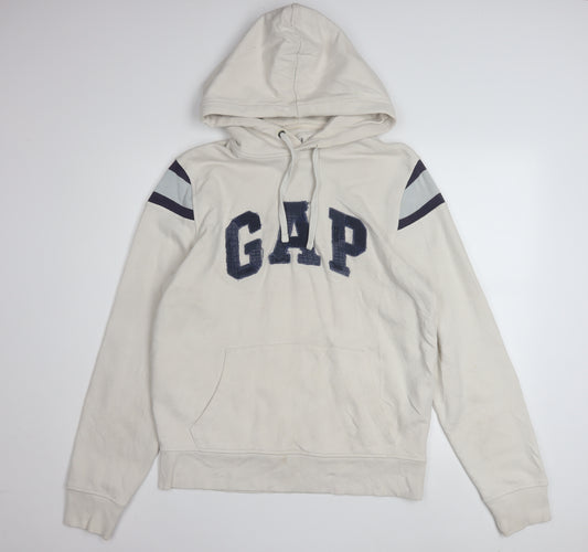 GAP Men Beige Pullover Hoodie M Logo Fleece Sweatshirt