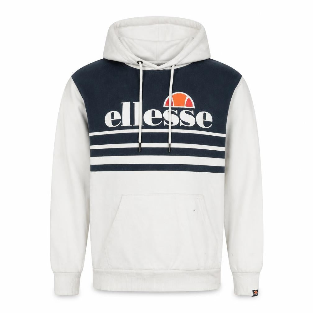 Front view of Ellesse men’s white xs pullover hoodie with logo graphic print