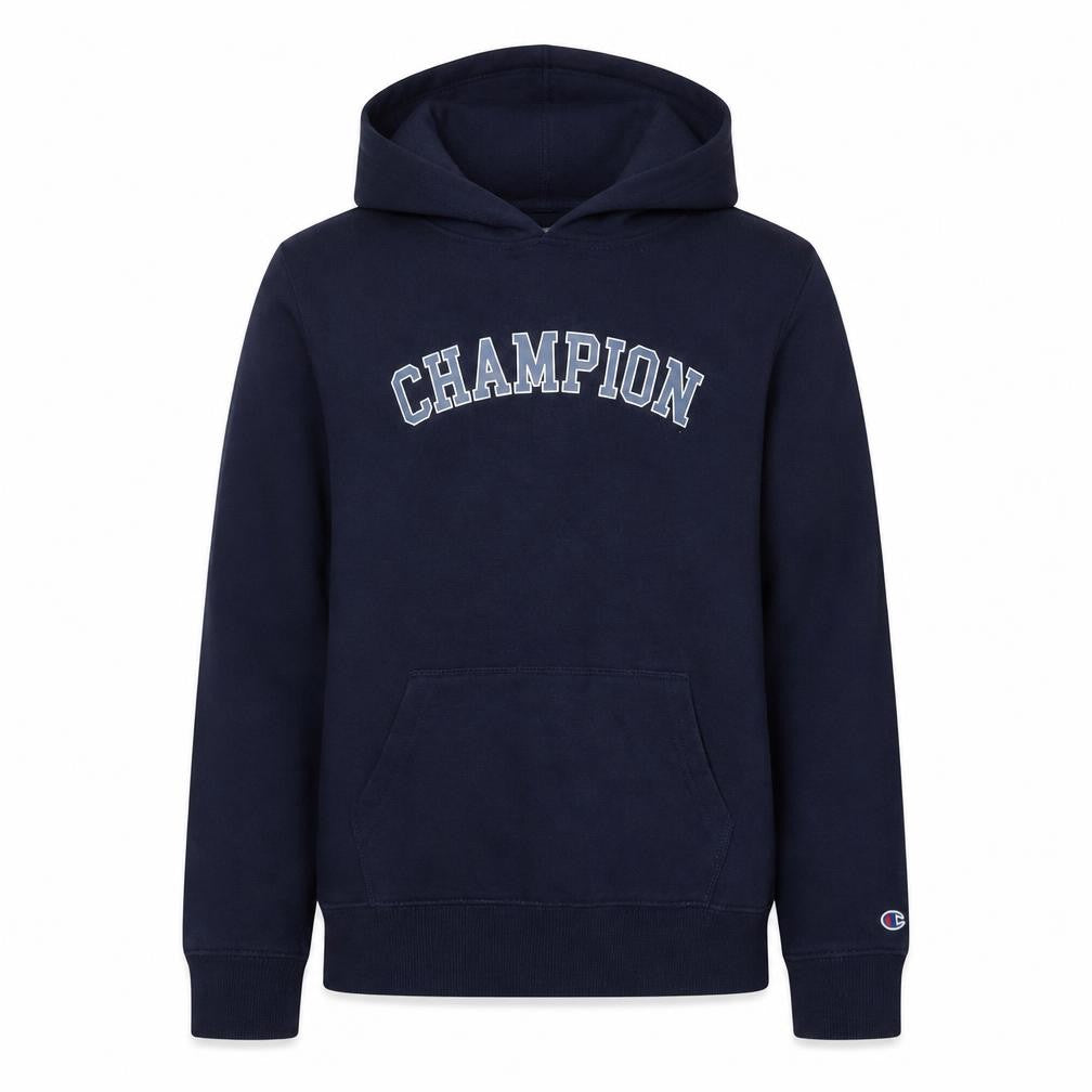 Front view of Champion boys’ blue pullover hoodie l (11-12 years) graphic logo