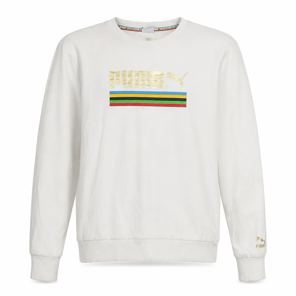 Front view of Puma Men's White Small Crew Neck Pullover Sweatshirt