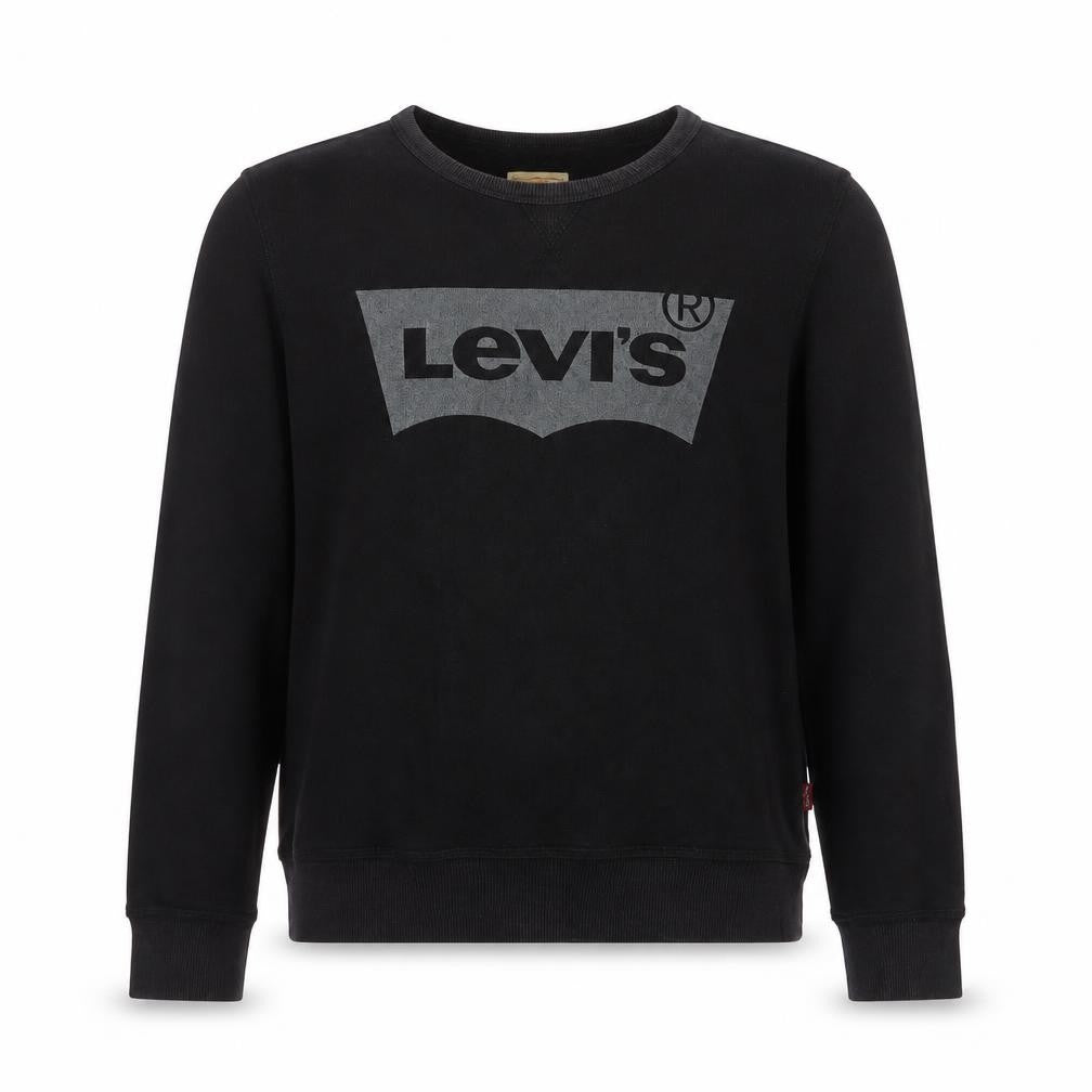 Front view of Levi's boys’ black logo crew neck pullover sweatshirt, size 12, years