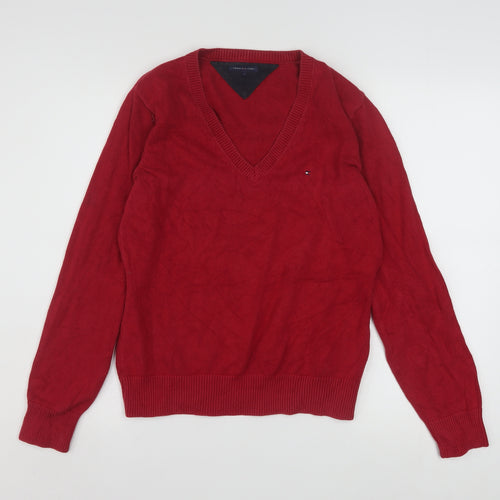 Tommy Hilfiger Mens Red Cotton V-Neck Pullover Jumper L