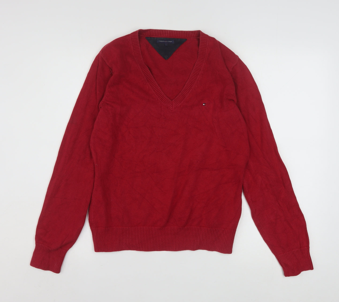 Tommy Hilfiger Mens Red Cotton V-Neck Pullover Jumper L