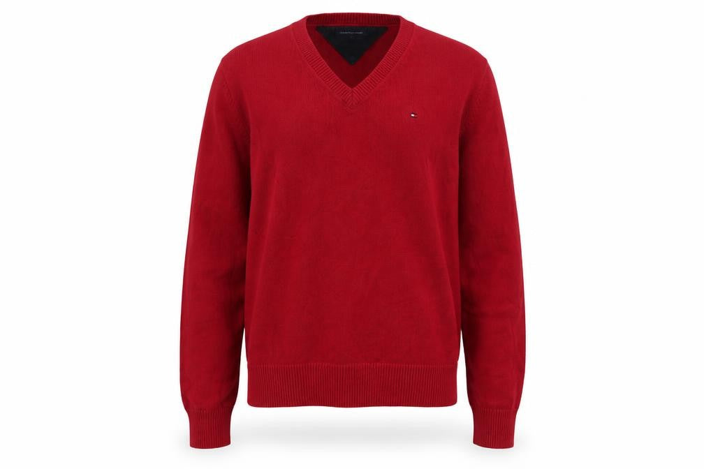 Front view of Tommy Hilfiger men’s red cotton v-neck jumper l