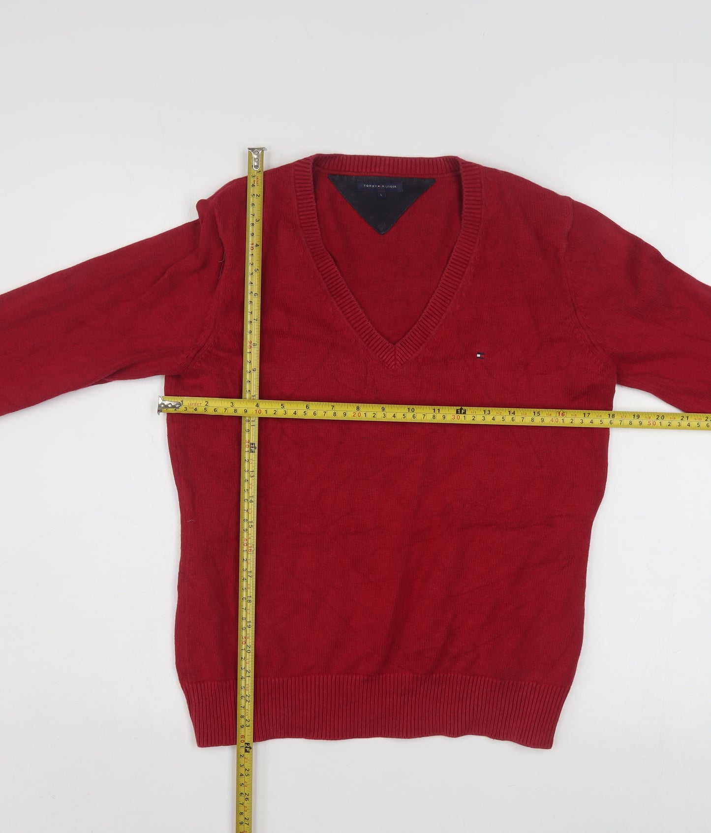 Tommy Hilfiger Mens Red Cotton V-Neck Pullover Jumper L