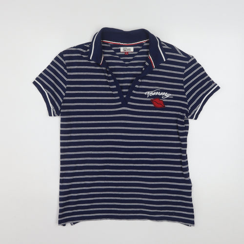 Tommy Hilfiger Women Blue Striped Cotton Polo Shirt L