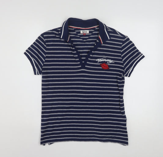 Tommy Hilfiger Women Blue Striped Cotton Polo Shirt L