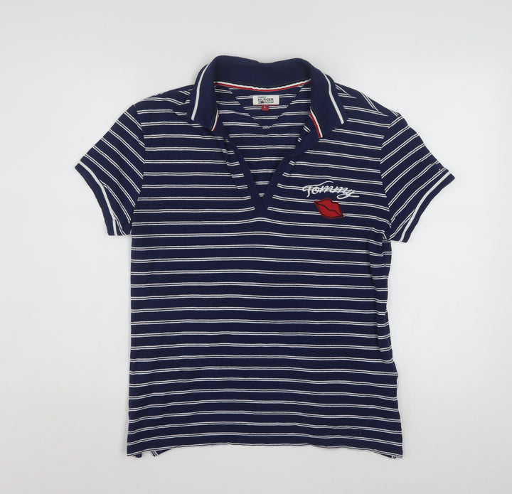Tommy Hilfiger Women Blue Striped Cotton Polo Shirt L