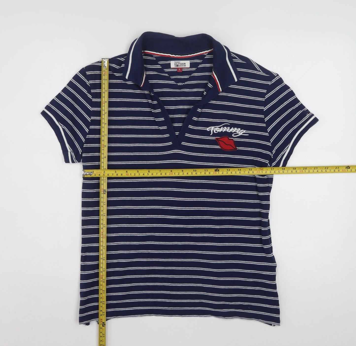 Tommy Hilfiger Women Blue Striped Cotton Polo Shirt L