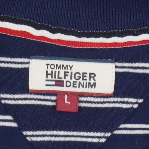 Tommy Hilfiger Women Blue Striped Cotton Polo Shirt L