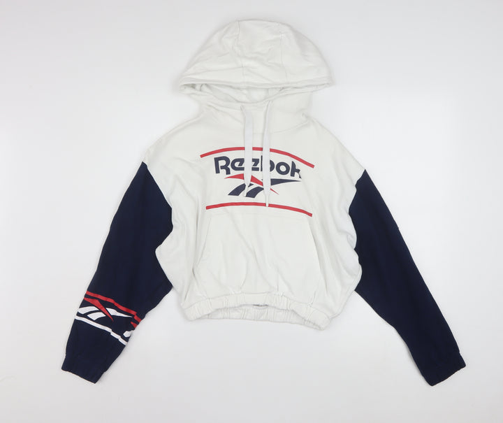 Reebok Classic Women's White & Navy Pullover Hoodie Size L Cotton Retro Sportswear