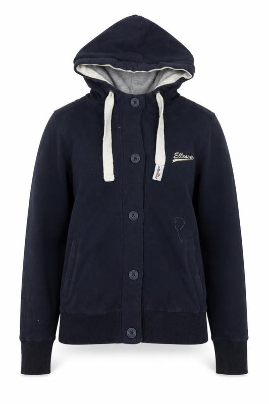 Front view of Ellesse Women’s Navy Blue Button Hoodie, size UK 12, Cotton Blend