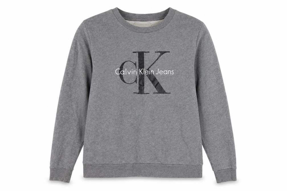 Front view of Calvin Klein Jeans Men's Grey Small Logo Crew Neck Sweatshirt