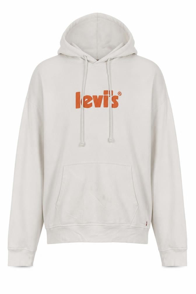 Front view of Levi's Men's Ivory XS Pullover Hoodie with Logo and Kangaroo Pocket