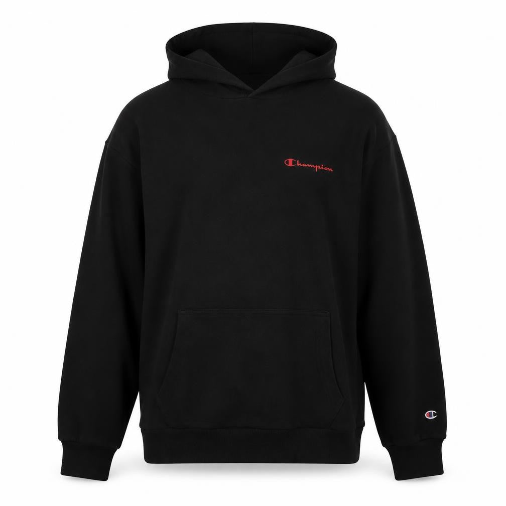 Front view of Champion Men’s Black Pullover Hoodie Small Retro Logo Fleece Sweatshirt