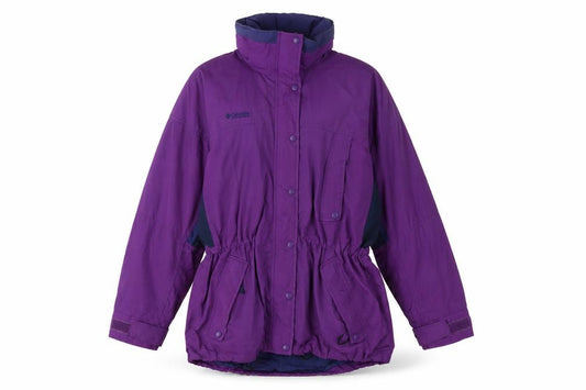 Front view of Columbia Women Purple Nylon Parka Jacket L Waterproof Lined Vintage