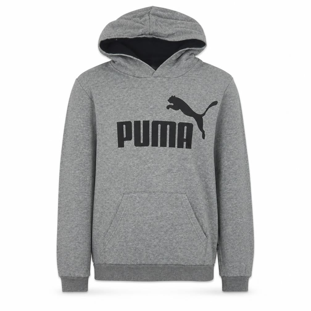 Front view of Puma boys’ grey pullover hoodie fleece 13-14 years logo graphic