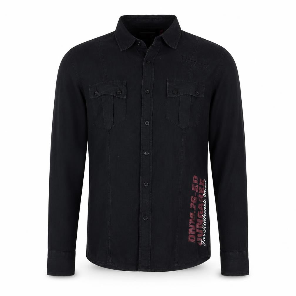 Front view of Edgar Dungarees Men's Black Cotton Long Sleeve Button-Up Shirt, size S